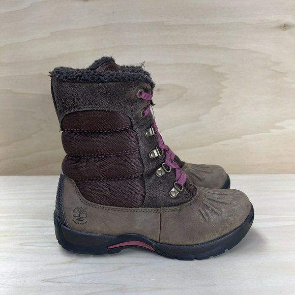 Timberland Girls Leather Waterproof Insulated Snow Boots Brown Lace Up 9391 Sz 1 - Picture 1 of 7
